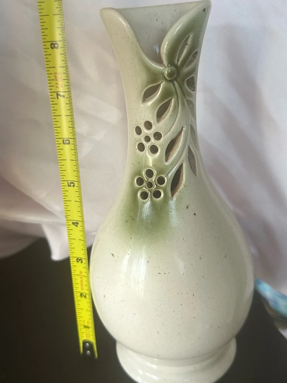 Czech Pottery Floral Cutout Cream Green Ceramic Bud Vase Farmhouse Decor
